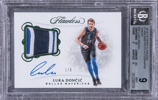 2018-19 Panini Flawless "Flawless Patch Autographs" Green #39 Luka Doncic Signed Game Used Patch Rookie Card (#1/5) – BGS MINT 9/BGS 10